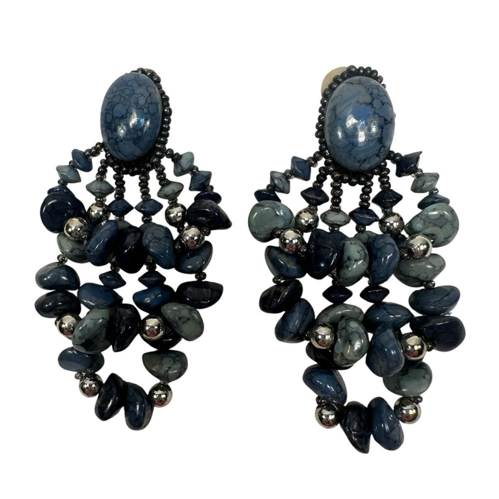 Vintage Blue Seed Bead Stone Clip On Drop Triple Dangle Earrings Jewelry